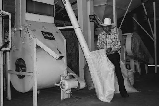 Black and white image of a worker processing coffee in Xicotepec, Mexico, showcasing traditional methods.